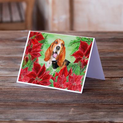 Caroline's Treasures Basset Hound Poinsettas Greeting Cards and Envelopes Pack of 8, 7 x 5, Dogs Image 1