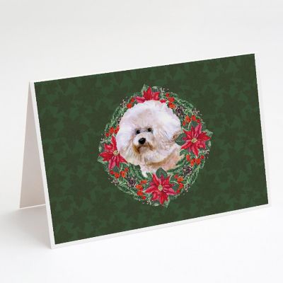 Caroline's Treasures Bichon Frise #2 Poinsetta Wreath Greeting Cards and Envelopes Pack of 8, 7 x 5, Dogs Image 1