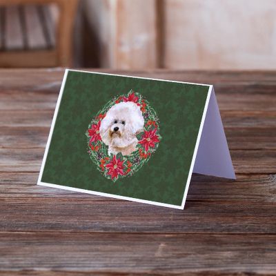 Caroline's Treasures Bichon Frise #2 Poinsetta Wreath Greeting Cards and Envelopes Pack of 8, 7 x 5, Dogs Image 1