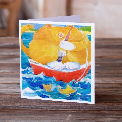 Caroline's Treasures Big Orange Tabby Fishing Greeting Cards and Envelopes Pack of 8, 7 x 5, Fish Image 1