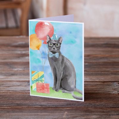 Caroline's Treasures Birthday, Blue Russian Happy Birthday Greeting Cards and Envelopes Pack of 8, 7 x 5, Cats Image 1