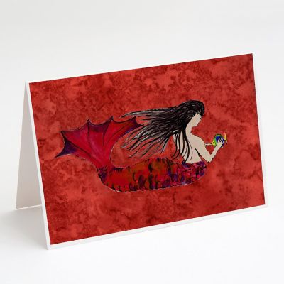 Caroline's Treasures Black Haired Mermaid on Red Greeting Cards and Envelopes Pack of 8, 7 x 5, Fantasy Image 1