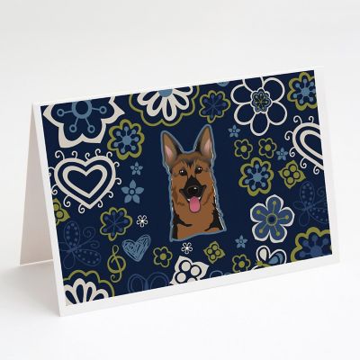 Caroline's Treasures Blue Flowers German Shepherd Greeting Cards and Envelopes Pack of 8, 7 x 5, Dogs Image 1