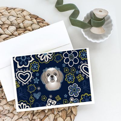 Caroline's Treasures Blue Flowers Gray Silver Shih Tzu Greeting Cards and Envelopes Pack of 8, 7 x 5, Dogs Image 1