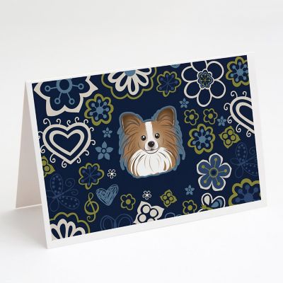 Caroline's Treasures Blue Flowers Papillon Greeting Cards and Envelopes Pack of 8, 7 x 5, Dogs Image 1