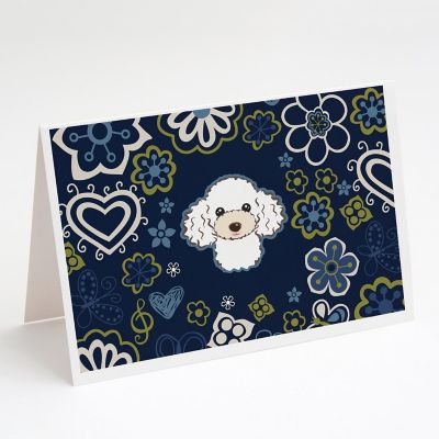 Caroline's Treasures Blue Flowers White Poodle Greeting Cards and Envelopes Pack of 8, 7 x 5, Dogs Image 1