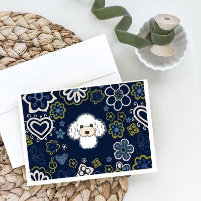 Caroline's Treasures Blue Flowers White Poodle Greeting Cards and Envelopes Pack of 8, 7 x 5, Dogs Image 1