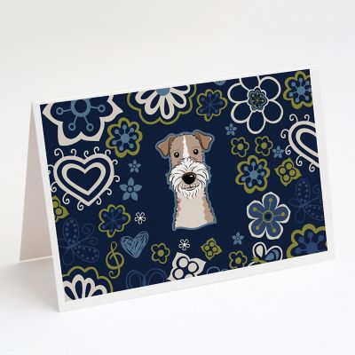 Caroline's Treasures Blue Flowers Wire Haired Fox Terrier Greeting Cards and Envelopes Pack of 8, 7 x 5, Dogs Image 1