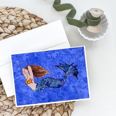 Caroline's Treasures Brunette Mermaid on Blue Greeting Cards and Envelopes Pack of 8, 7 x 5, Fantasy Image 1