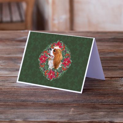 Caroline's Treasures Cavalier Spaniel Poinsetta Wreath Greeting Cards and Envelopes Pack of 8, 7 x 5, Dogs Image 1