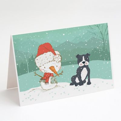 Caroline's Treasures Christmas, Black Staffie Snowman Christmas Greeting Cards and Envelopes Pack of 8, 7 x 5, Dogs Image 1