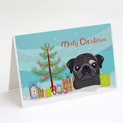 Caroline's Treasures Christmas, Christmas Tree and Black Pug Greeting Cards and Envelopes Pack of 8, 7 x 5, Dogs Image 1
