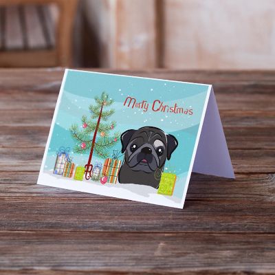 Caroline's Treasures Christmas, Christmas Tree and Black Pug Greeting Cards and Envelopes Pack of 8, 7 x 5, Dogs Image 1
