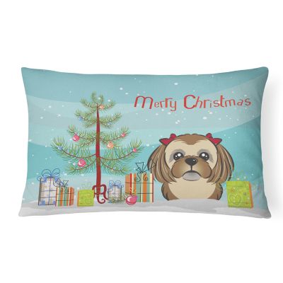 Caroline's Treasures, Christmas, Christmas Tree and Chocolate Brown Shih Tzu Canvas Fabric Decorative Pillow, 12 x 16, Dogs Image 1