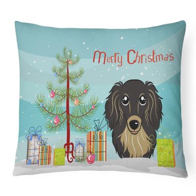 Caroline's Treasures Christmas, Christmas Tree and Longhair Black and Tan Dachshund Canvas Fabric Decorative Pillow, 12 x 16, Dogs Image 1