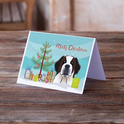 Caroline's Treasures Christmas, Christmas Tree and Saint Bernard Greeting Cards and Envelopes Pack of 8, 7 x 5, Dogs Image 1