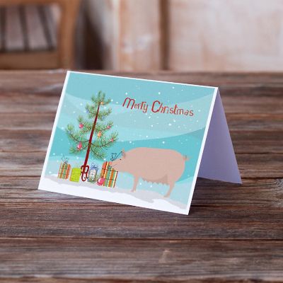Caroline's Treasures Christmas, English Large White Pig Christmas Greeting Cards and Envelopes Pack of 8, 7 x 5, Farm Animals Image 1