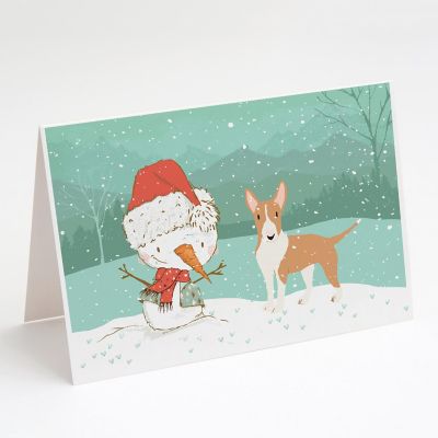 Caroline's Treasures Christmas, Fawn Bull Terrier Snowman Christmas Greeting Cards and Envelopes Pack of 8, 7 x 5, Dogs Image 1
