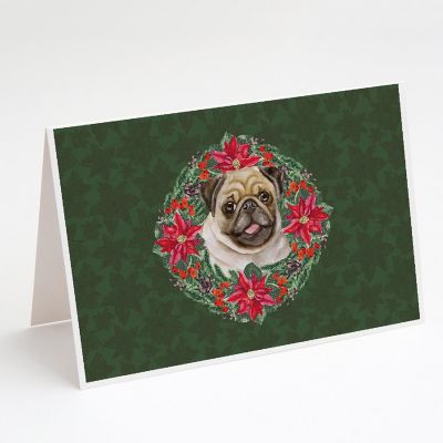 Caroline's Treasures Fawn Pug Poinsetta Wreath Greeting Cards and Envelopes Pack of 8, 7 x 5, Dogs Image 1