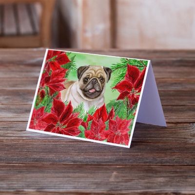 Caroline's Treasures Fawn Pug Poinsettas Greeting Cards and Envelopes Pack of 8, 7 x 5, Dogs Image 1