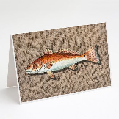 Caroline's Treasures Fish Red Fish on Faux Burlap Greeting Cards and Envelopes Pack of 8, 7 x 5, Fish Image 1