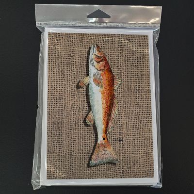 Caroline's Treasures Fish Red Fish on Faux Burlap Greeting Cards and Envelopes Pack of 8, 7 x 5, Fish Image 2