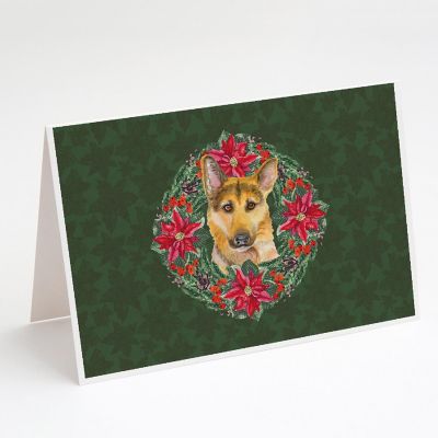 Caroline's Treasures German Shepherd #2 Poinsetta Wreath Greeting Cards and Envelopes Pack of 8, 7 x 5, Dogs Image 1