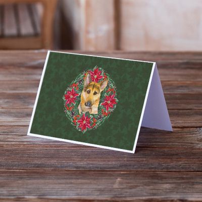 Caroline's Treasures German Shepherd #2 Poinsetta Wreath Greeting Cards and Envelopes Pack of 8, 7 x 5, Dogs Image 1