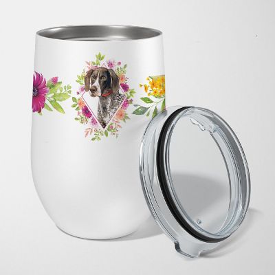 Caroline's Treasures German Shorthaired Pointer Pink Flowers Stainless Steel 12 oz Stemless Wine Glass, 3 x 4.25, Dogs Image 1