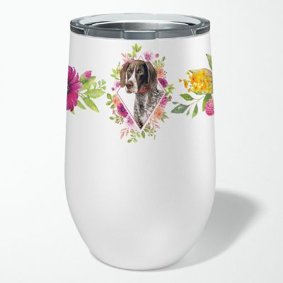 Caroline's Treasures German Shorthaired Pointer Pink Flowers Stainless Steel 12 oz Stemless Wine Glass, 3 x 4.25, Dogs Image 3