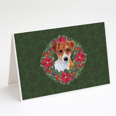 Caroline's Treasures Jack Russell Terrier Poinsetta Wreath Greeting Cards and Envelopes Pack of 8, 7 x 5, Dogs Image 1