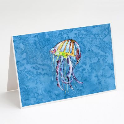 Caroline's Treasures Jelly Fish on Blue Greeting Cards and Envelopes Pack of 8, 7 x 5, Fish Image 1