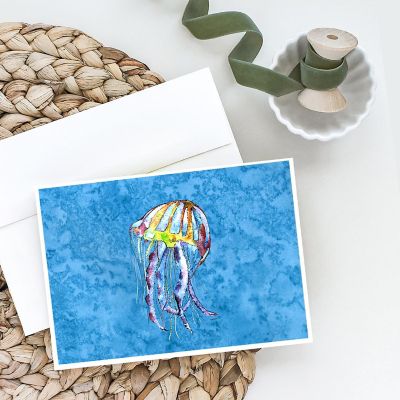 Caroline's Treasures Jelly Fish on Blue Greeting Cards and Envelopes Pack of 8, 7 x 5, Fish Image 1