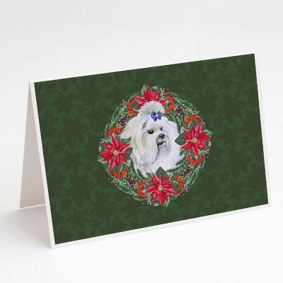 Caroline's Treasures Maltese Poinsetta Wreath Greeting Cards and Envelopes Pack of 8, 7 x 5, Dogs Image 1