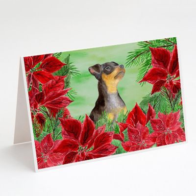 Caroline's Treasures Miniature Pinscher #2 Poinsettas Greeting Cards and Envelopes Pack of 8, 7 x 5, Dogs Image 1