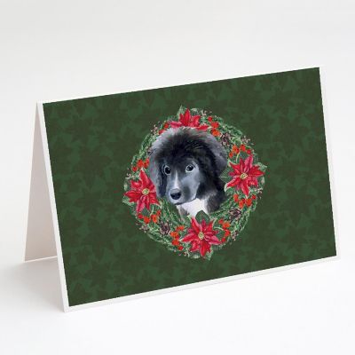 Caroline's Treasures Newfoundland Puppy Poinsetta Wreath Greeting Cards and Envelopes Pack of 8, 7 x 5, Dogs Image 1