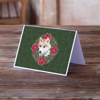 Caroline's Treasures Siberian Husky Poinsetta Wreath Greeting Cards and Envelopes Pack of 8, 7 x 5, Dogs Image 1