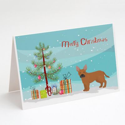 Caroline's Treasures Tan French Bulldog Pit Bull Mix Christmas Tree Greeting Cards and Envelopes Pack of 8, 7 x 5, Dogs Image 1