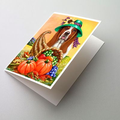 Caroline's Treasures Thanksgiving, Basset Hound Autumn Greeting Cards and Envelopes Pack of 8, 7 x 5, Dogs Image 1