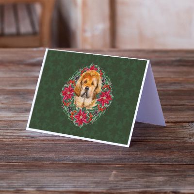 Caroline's Treasures Tibetan Mastiff Poinsetta Wreath Greeting Cards and Envelopes Pack of 8, 7 x 5, Dogs Image 1
