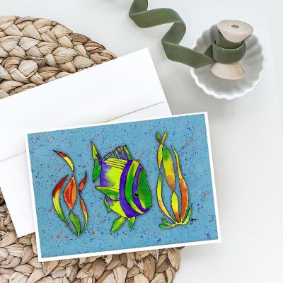 Caroline's Treasures Tropical Fish on Blue Greeting Cards and Envelopes Pack of 8, 7 x 5, Fish Image 1