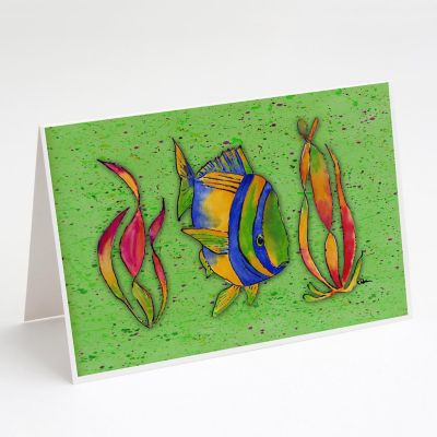 Caroline's Treasures Tropical Fish on Green Greeting Cards and Envelopes Pack of 8, 7 x 5, Fish Image 1