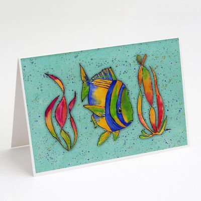 Caroline's Treasures Tropical Fish on Teal Greeting Cards and Envelopes Pack of 8, 7 x 5, Fish Image 1