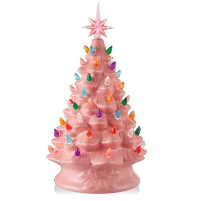 Casafield 15" Pre-Lit Pink Ceramic Christmas Tree Hand-Painted Tabletop Decor with Lights Image 1