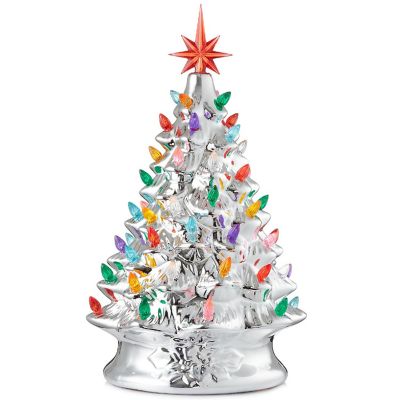 Casafield 15" Pre-Lit Silver Ceramic Christmas Tree Hand-Painted Tabletop with Lights Image 1