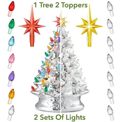 Casafield 15" Pre-Lit Silver Ceramic Christmas Tree Hand-Painted Tabletop with Lights Image 1