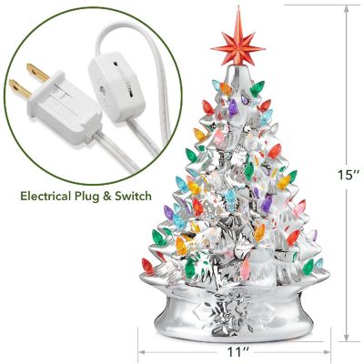 Casafield 15" Pre-Lit Silver Ceramic Christmas Tree Hand-Painted Tabletop with Lights Image 3