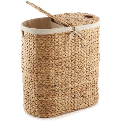 Casafield 2-Section Oval Laundry Hamper Basket w Lids &amp; Removable Liners, Natural Wicker Image 1