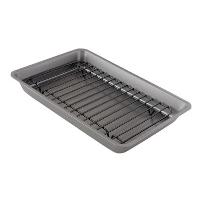 Chef Pomodoro, Grey, 11 x 7.7-Inch, Nonstick Carbon Steel Small Roasting Pan Roaster with Flat Rack, Petite Mini Image 1