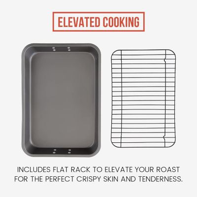 Chef Pomodoro - Grey, 16 x 11-Inch, Large Nonstick Carbon Steel Roasting Pan Roaster with Flat Rack Image 2
